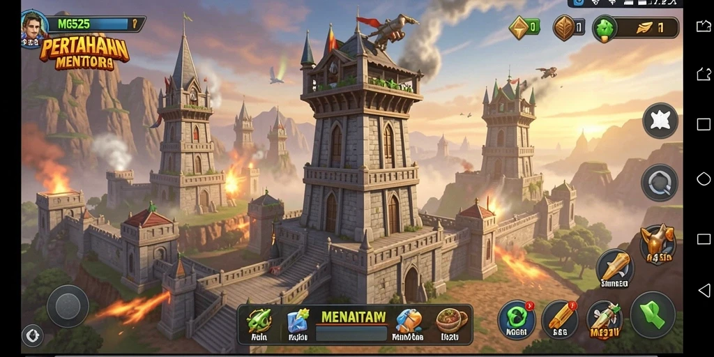 Screenshot gameplay MG525 menampilkan menara yang siap bertempur melawan gelombang musuh.