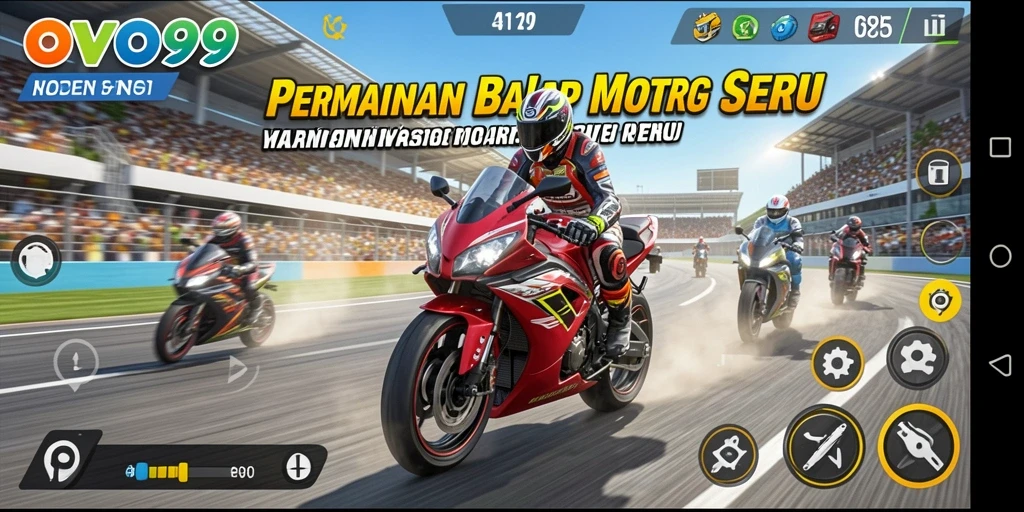 Screenshot gameplay OVO99 menunjukkan aksi balap motor yang mendebarkan.